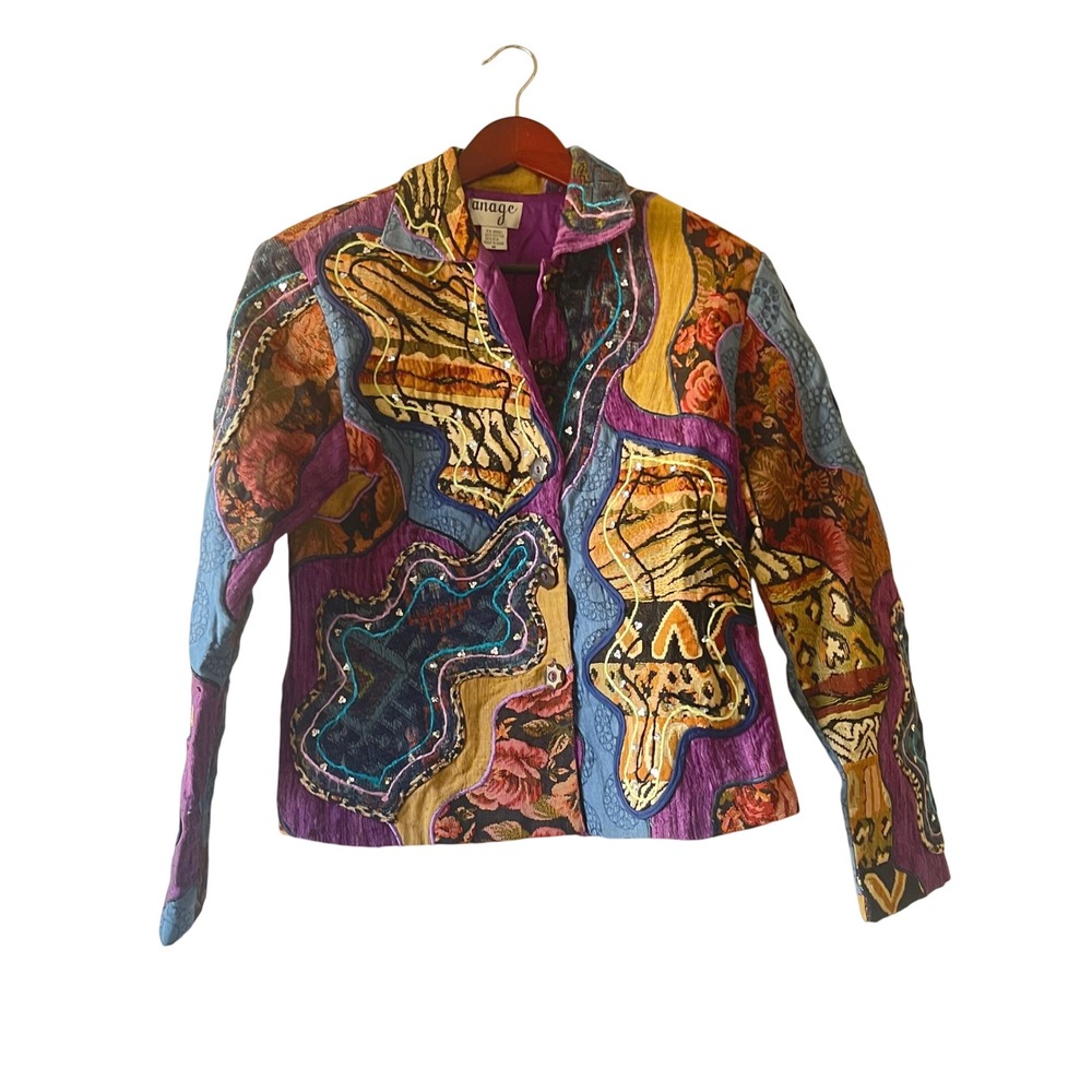 Vintage Collage 3d textured Jacket Abstract silk Tapestry Art To Wear size small